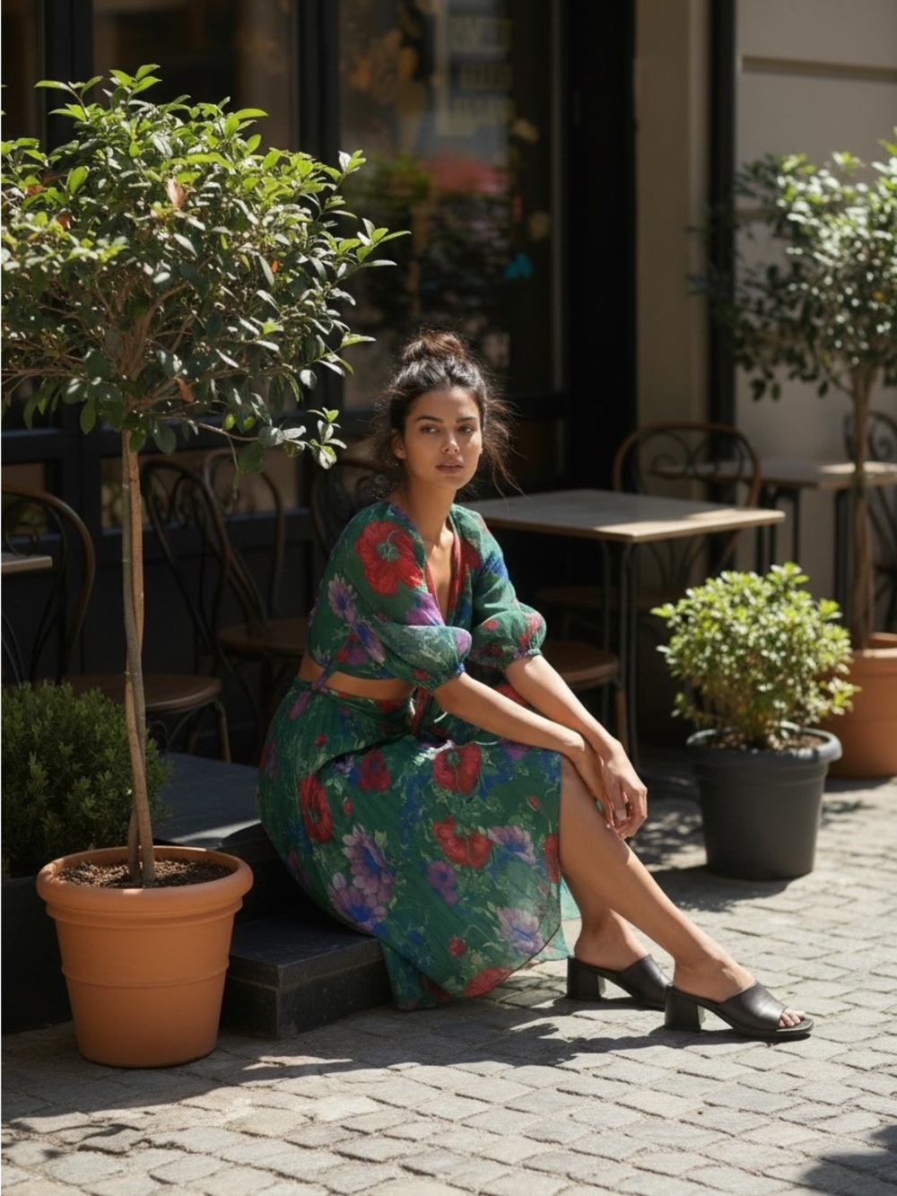 ASOS Floral Tie-Front Pleated Midi Dress with Cut-Out - Picture 2 of 8